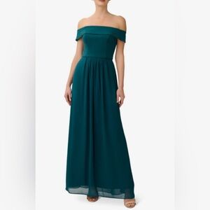 NWT Adrianna Papell Green Off Shoulder Chiffon Gown Bridal Bridesmaid Formal 18